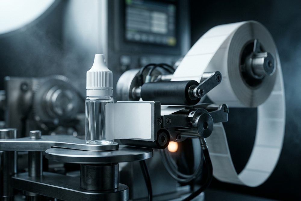 Etiketteermachine brengt een blanco etiket aan op een gevuld 10 ml-flesje, met de etiketrol ernaast.