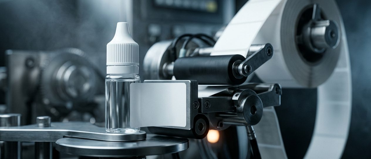 Labelling machine applying a blank label to a filled bottle, with the label reel alongside.