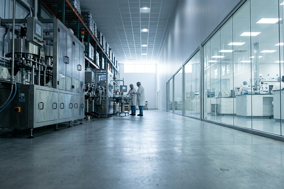 Production hall with the filling line on the left and the laboratory behind glass on the right.