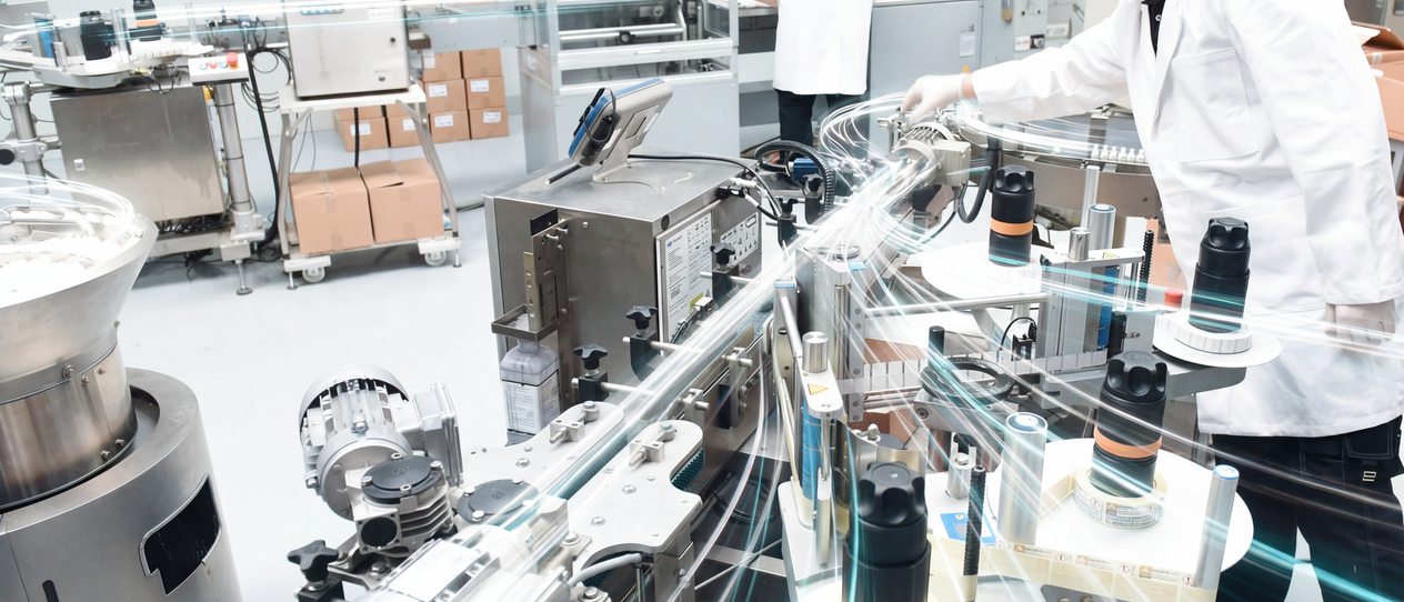 Staff working at the packaging line in the production hall.