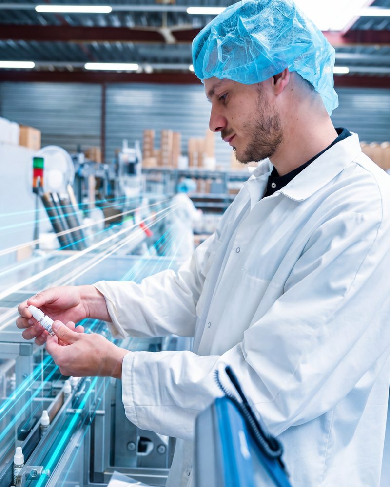 An operator inspects a filled bottle at the production line.