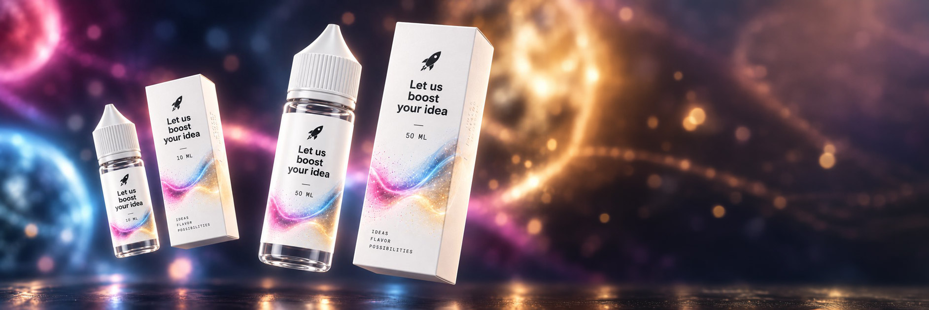 Voorbeeldontwerp van een private label: e-liquidflesjes van 10 en 50 ml met bijpassende doosjes.